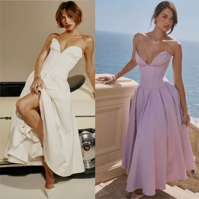Lorbrv | French Sexy Deep V Corset Tube Top Backless Evening Midi Dress for Women