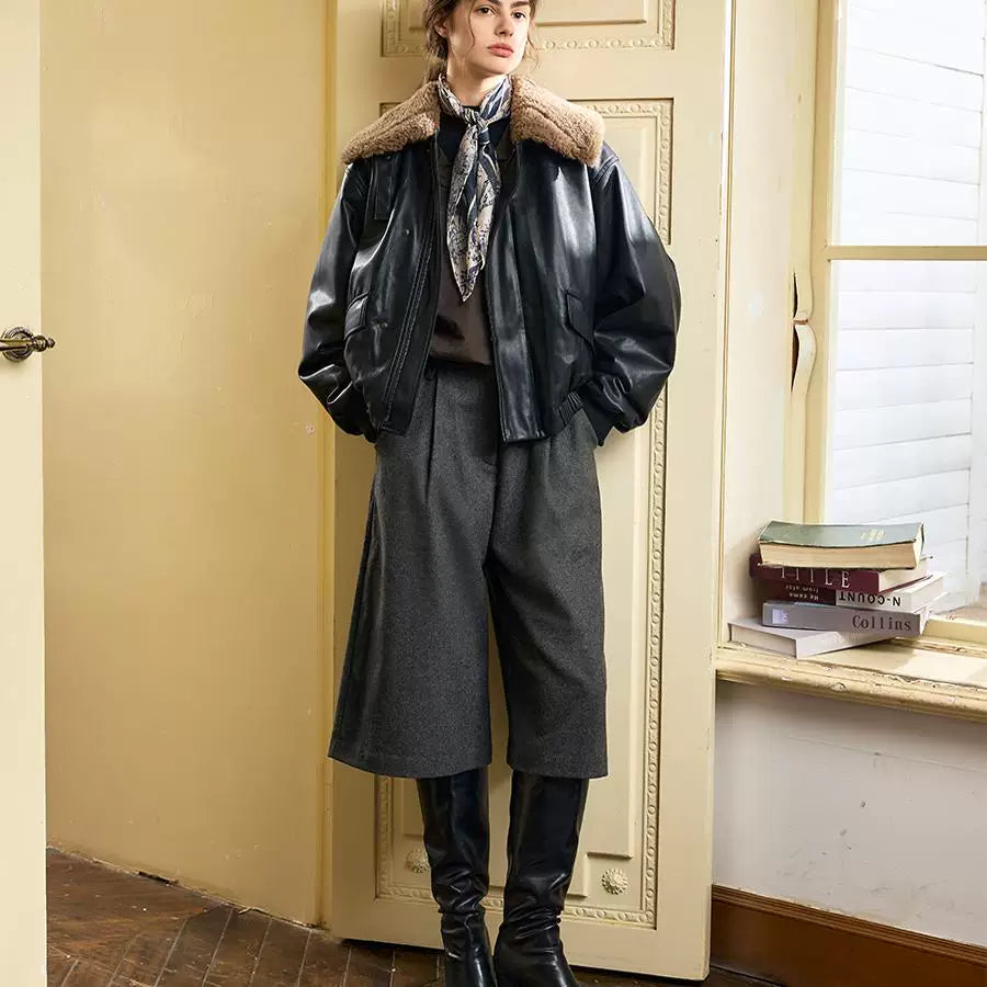 Lorbrv | Retro Short Leather Biker Jacket with Fur One-Lapel