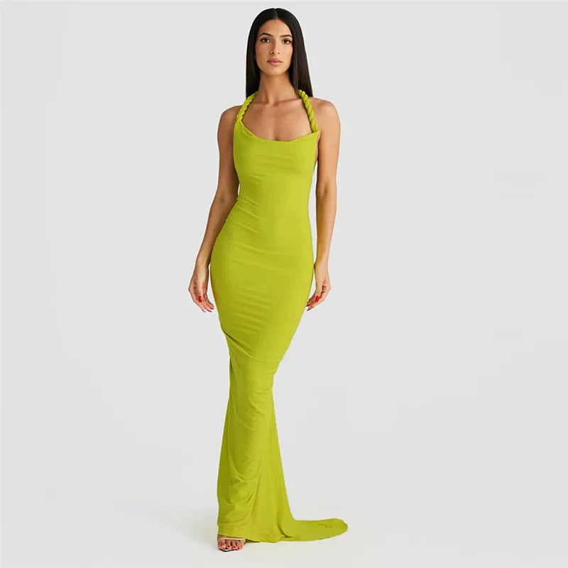 Lorbrv | Black Halter Neck Backless Pleated Maxi Dress for Party and Evening
