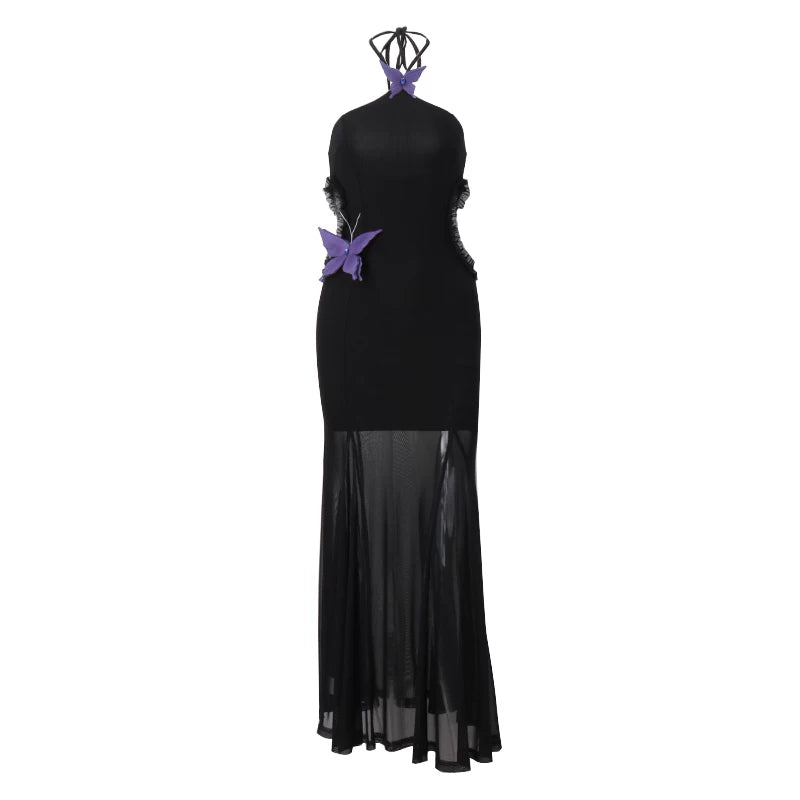 Lorbrv| French Elegant Butterfly Embellished Halter Fishtail Dress for Women