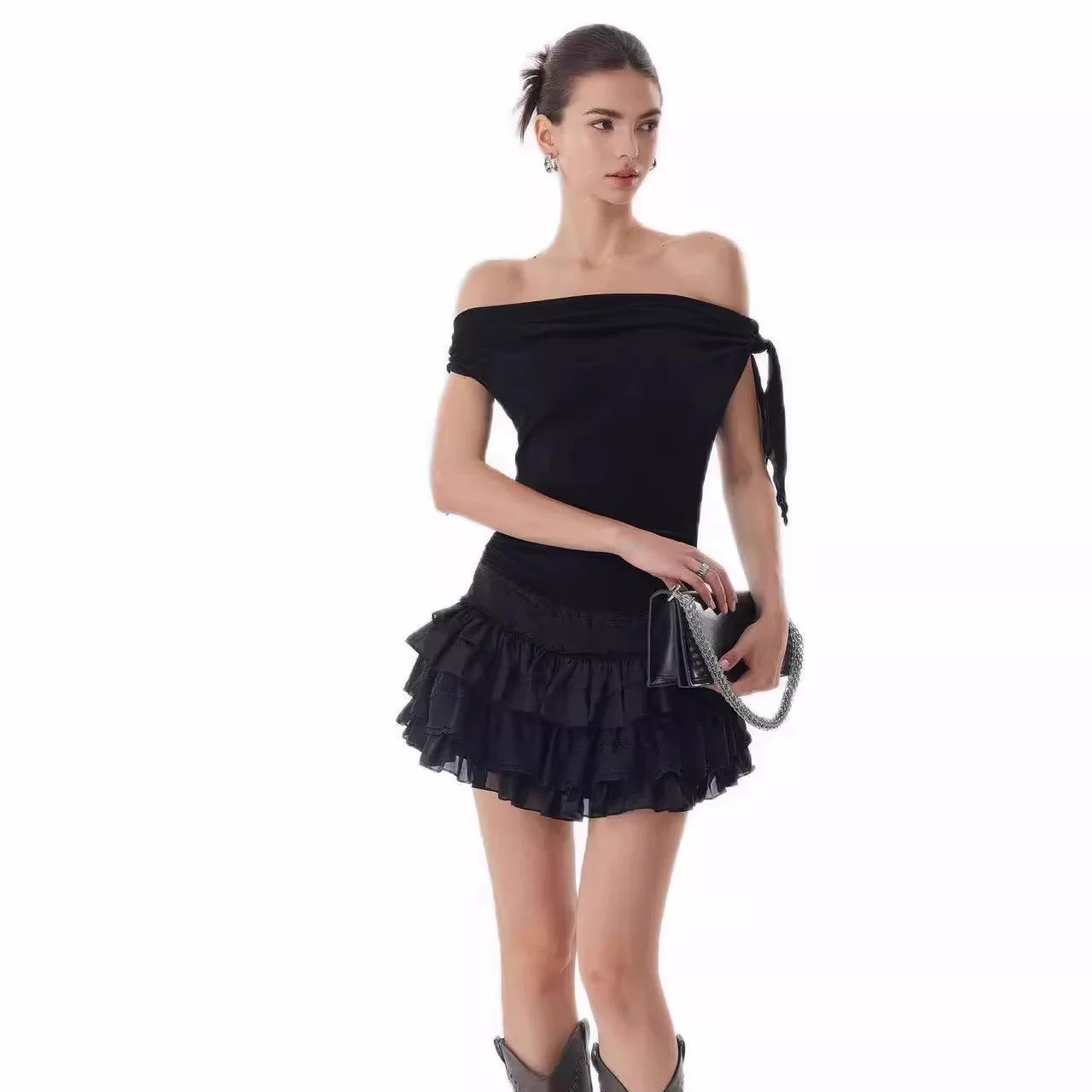 Lorbrv| Black Ribbon Off-Shoulder Slim Mini Dress for Women