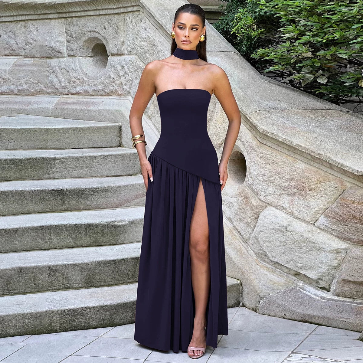 Lorbrv | European-American One-Shoulder Tube Top High-Slit MIDI Dress for Women