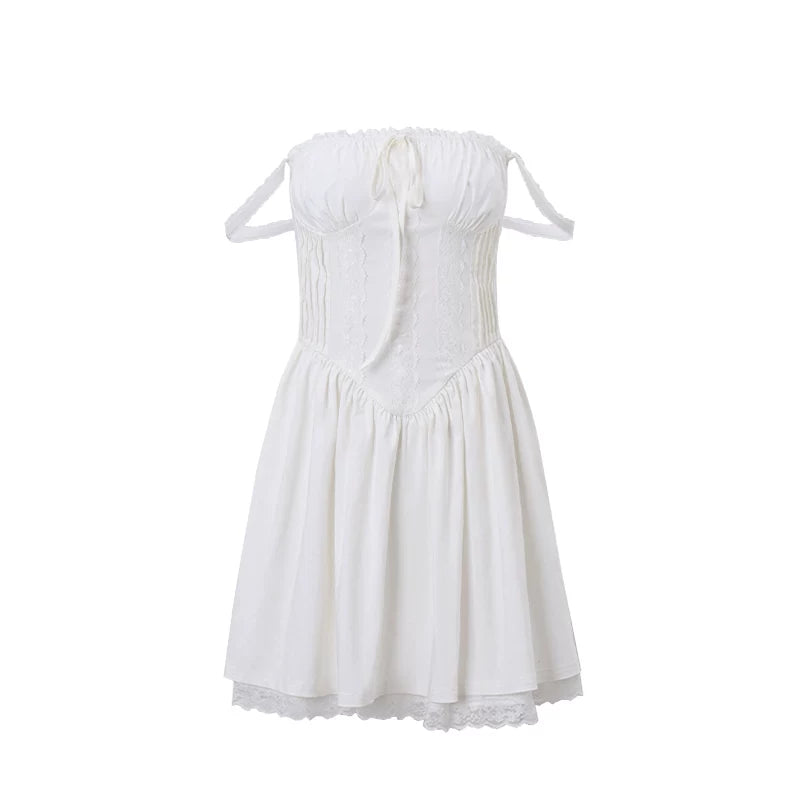 Lorbrv| French Ballet-Inspired White Lace Suspender Mini Dress for Women
