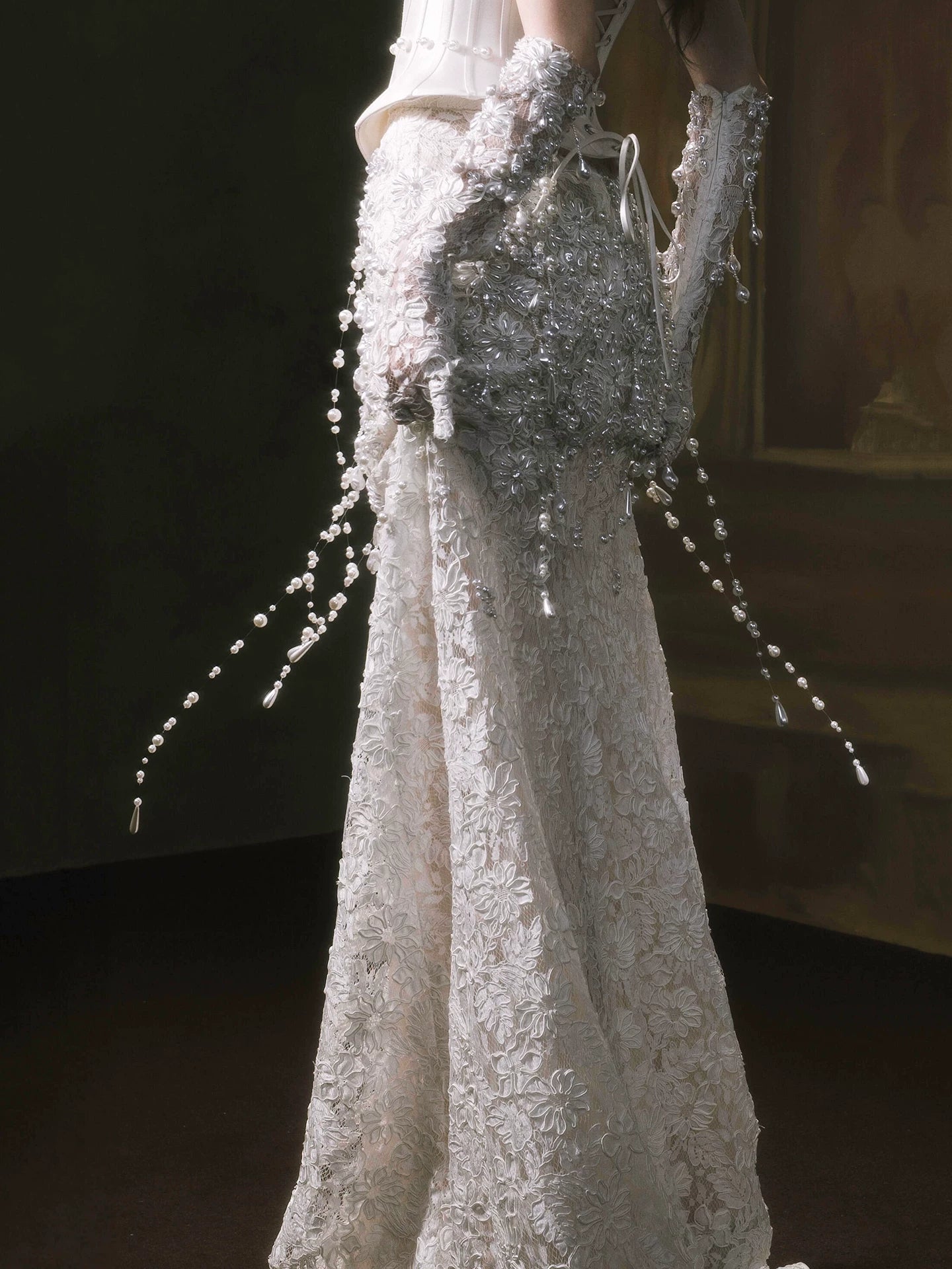Lorbrv | French Tube Top White Pearl Lace Fishtail Wedding Dress