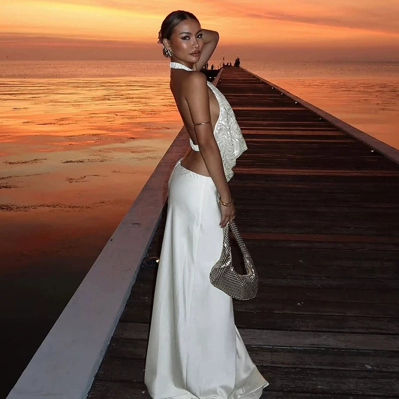 Lorbrv | Romantic Galaxy Sunset Hanging Neck Suspender Dress for Women, Versatile Dinner Style