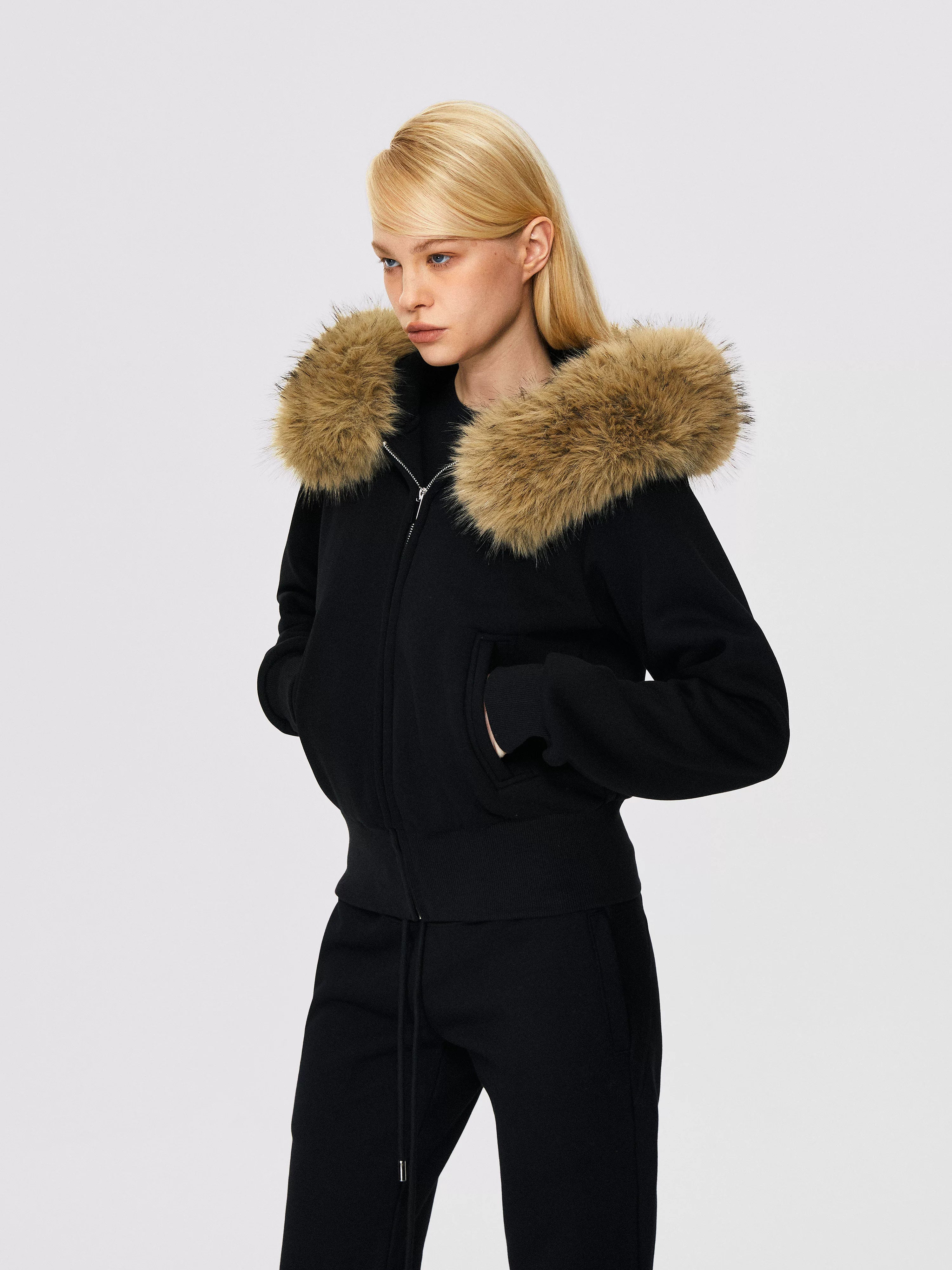 Lorbrv | Fur-Lined Hooded Zipper Sweatshirt Jacket for Women