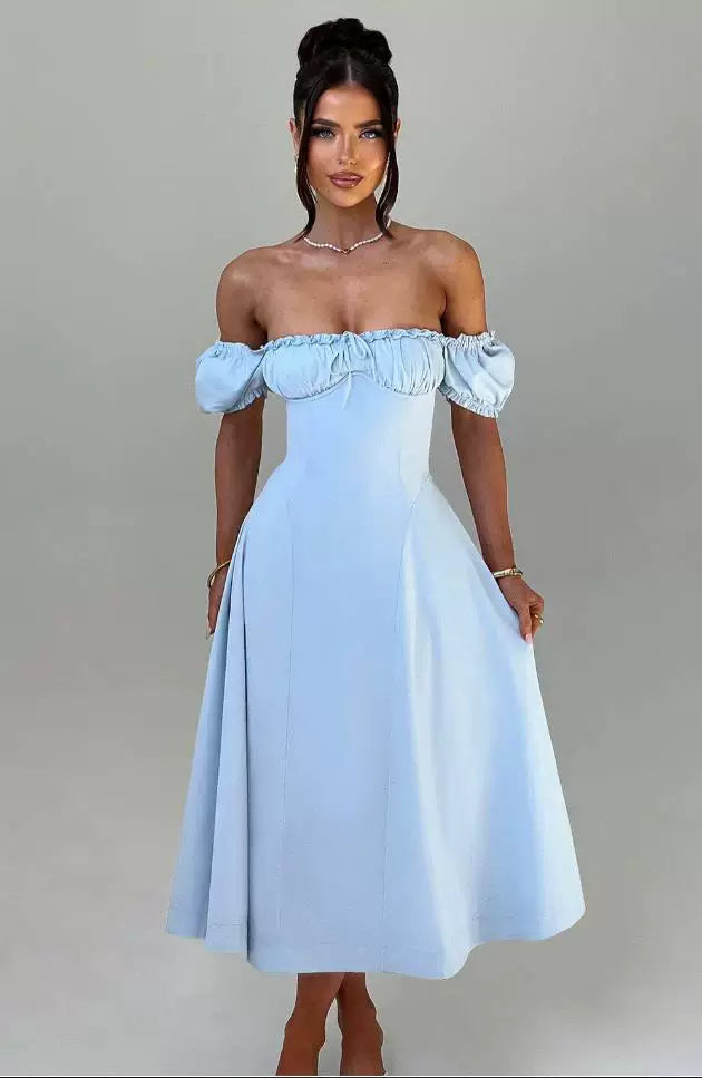 Lorbrv | French Sweet One-Shoulder Puff Sleeve Midi Dress with Bow