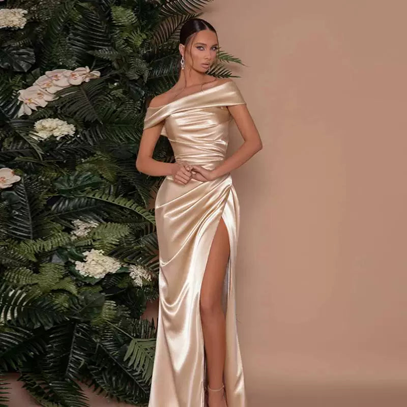 Lorbrv | European-American One-Shoulder Satin Dress with Slit and Slim Long Skirt