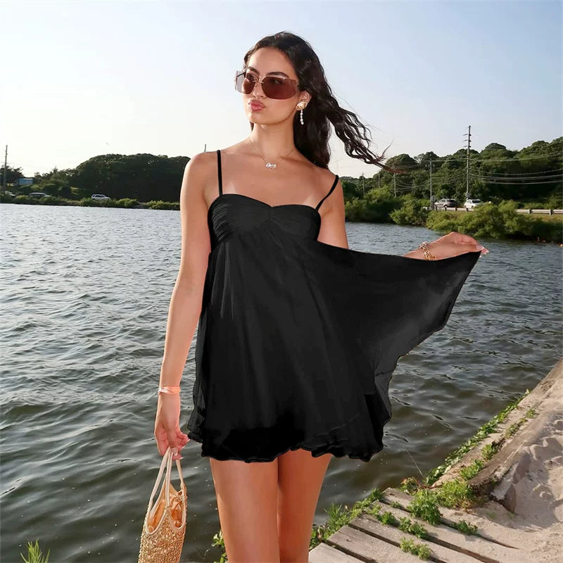 Lorbrv | Pure Desire One-Shoulder High-Waist Chiffon A-Line Mini Dress for Women