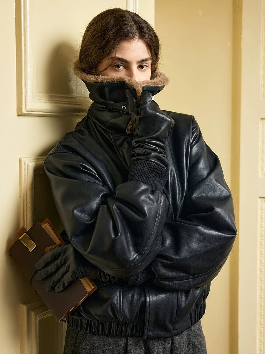 Lorbrv | Retro Short Leather Biker Jacket with Fur One-Lapel