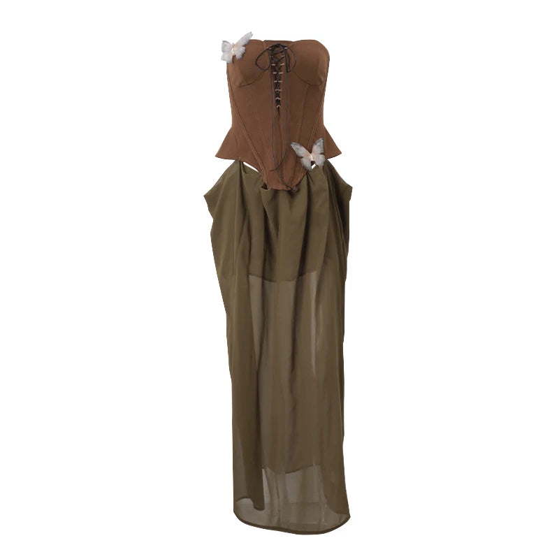 Lorbrv| Elegant Brown Mesh Belted Suspender Maxi Dress for Women