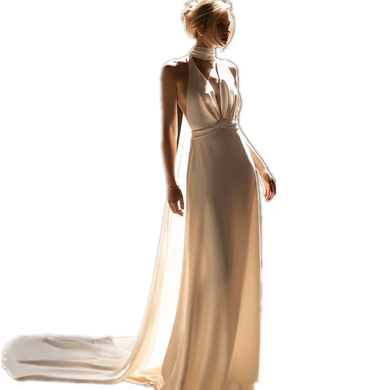 Lorbrv | French Halter Neck White Wedding Dress with Slimming Tail and Veil