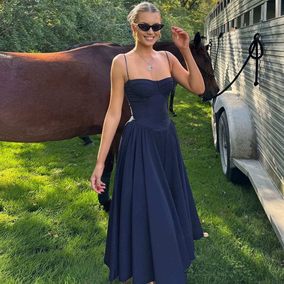Lorbrv| European-American One-Shoulder Suspender Pleated Maxi Dress for Women