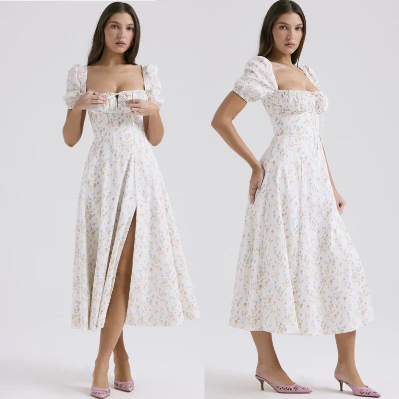 Lorbrv | Watercolor Garden French Sweet Floral Square Neck Dress