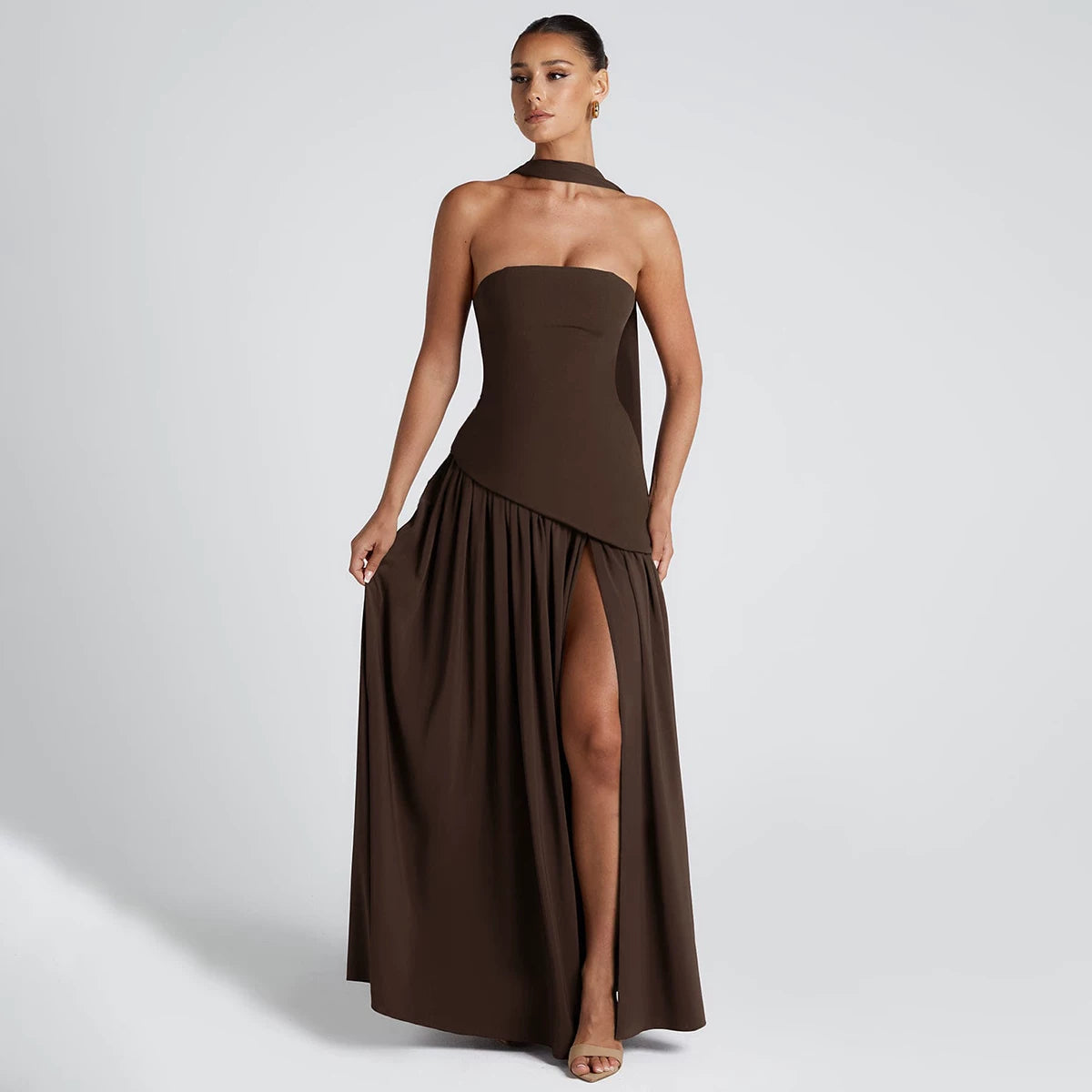 Lorbrv | European-American One-Shoulder Tube Top High-Slit MIDI Dress for Women