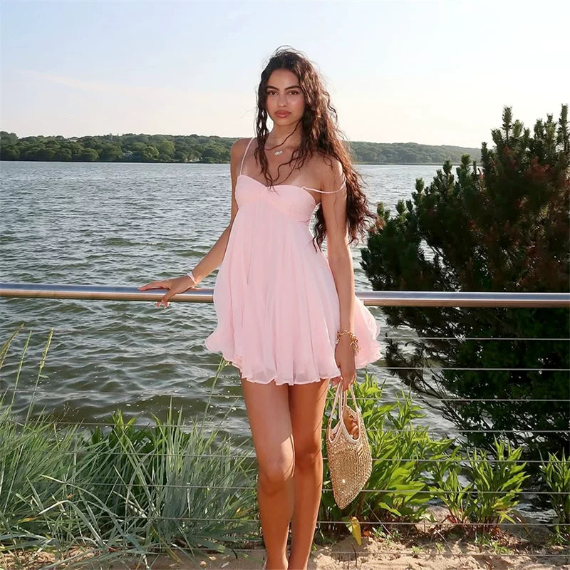 Lorbrv | Pure Desire One-Shoulder High-Waist Chiffon A-Line Mini Dress for Women