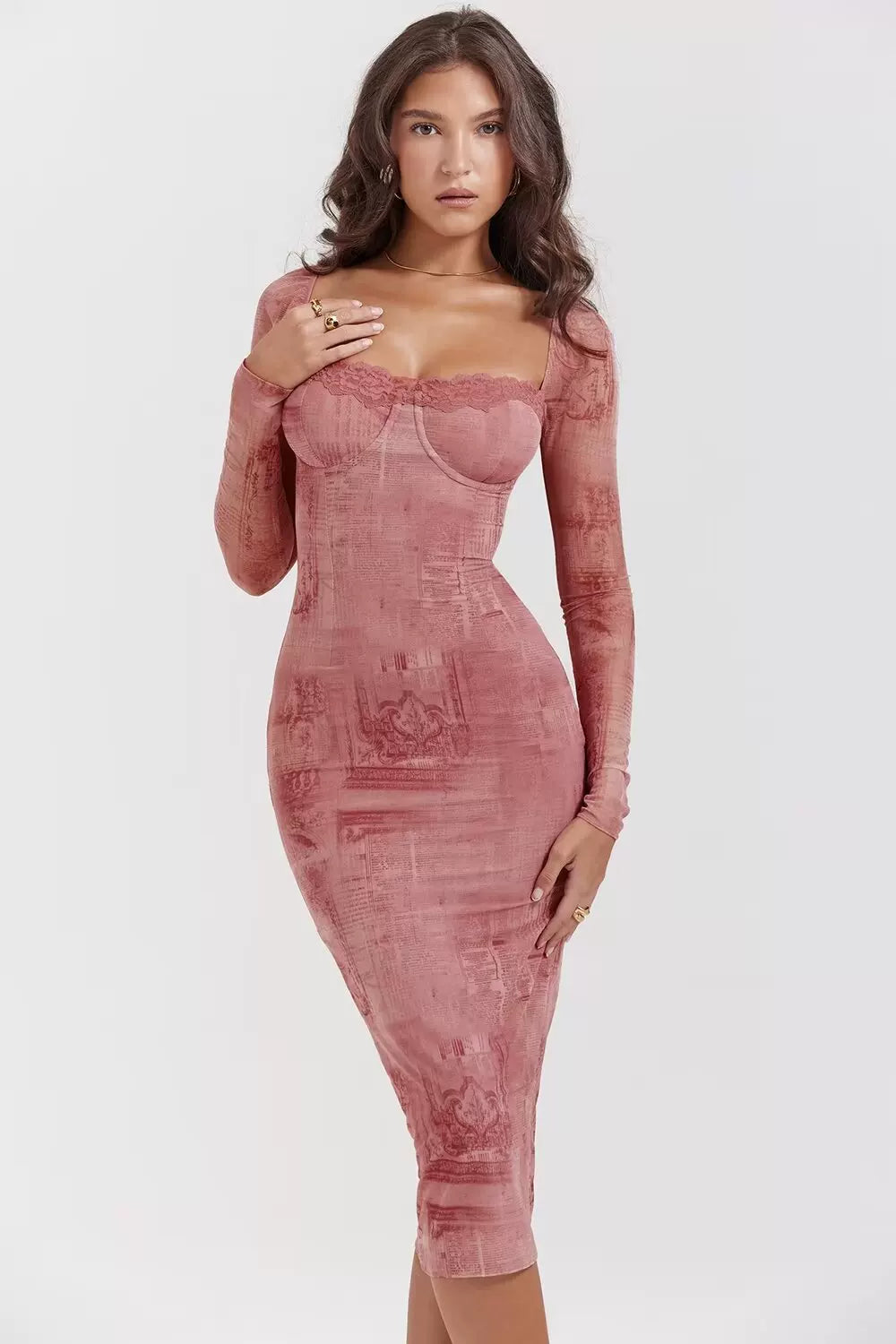 Lorbrv| French Retro Lace Printed Bodycon Dress for Women