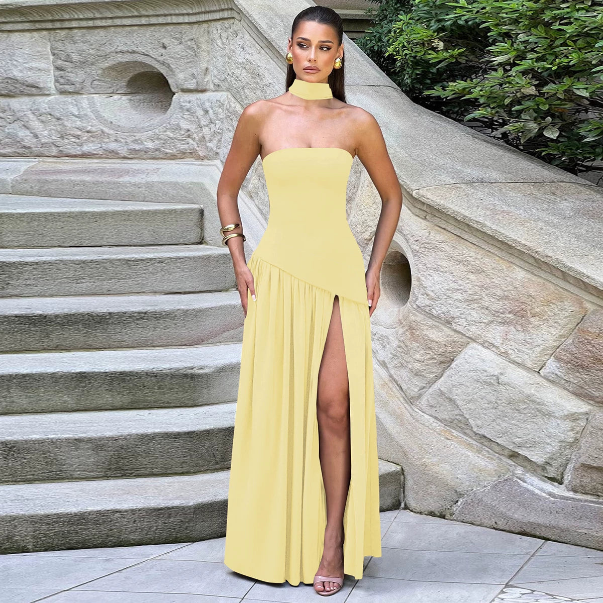 Lorbrv | European-American One-Shoulder Tube Top High-Slit MIDI Dress for Women
