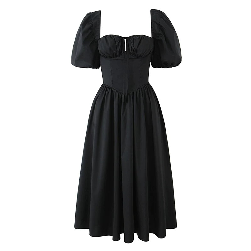 Lorbrv | French Black Square Neck Puff Sleeve Waist Midi Dress