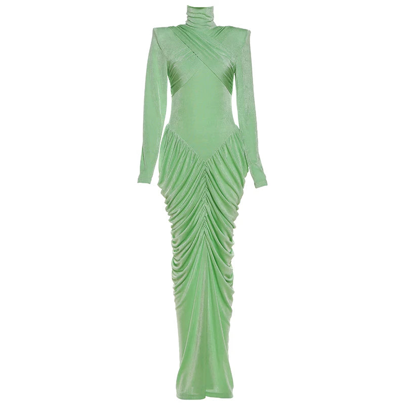 Lorbrv | French-Inspired High Collar Long Sleeve Dress in Mint Green for Women, Slim Long Skirt