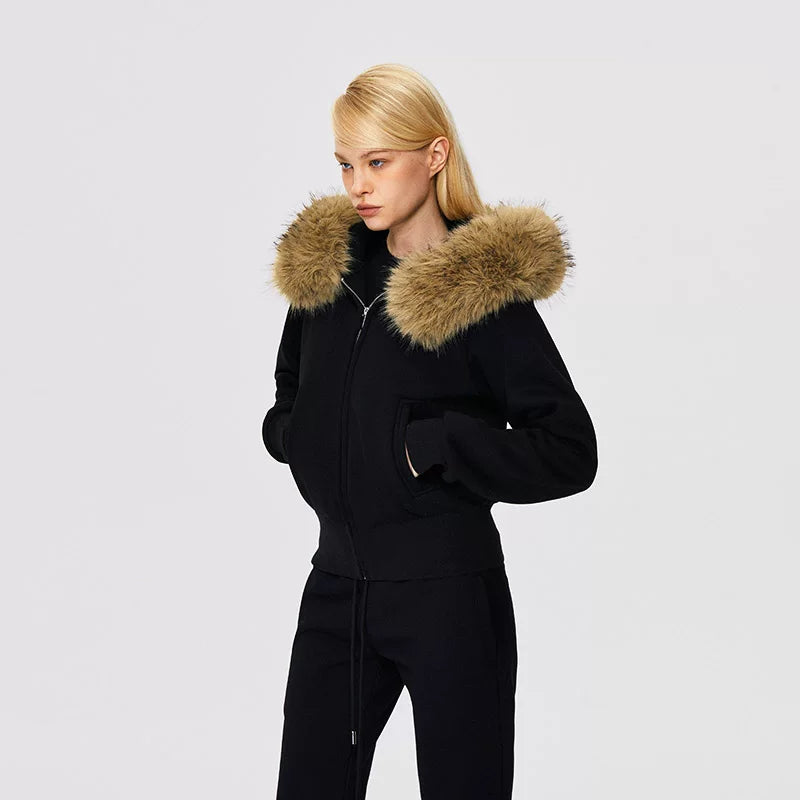 Lorbrv | Fur-Lined Hooded Zipper Sweatshirt Jacket for Women