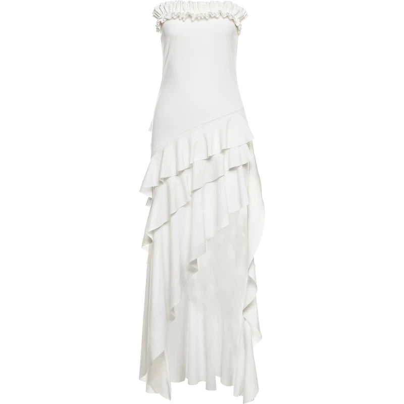 Lorbrv | Pure Desire Holiday Style Tube Top Dress with Layered Slits and Irregular Slim Skirt