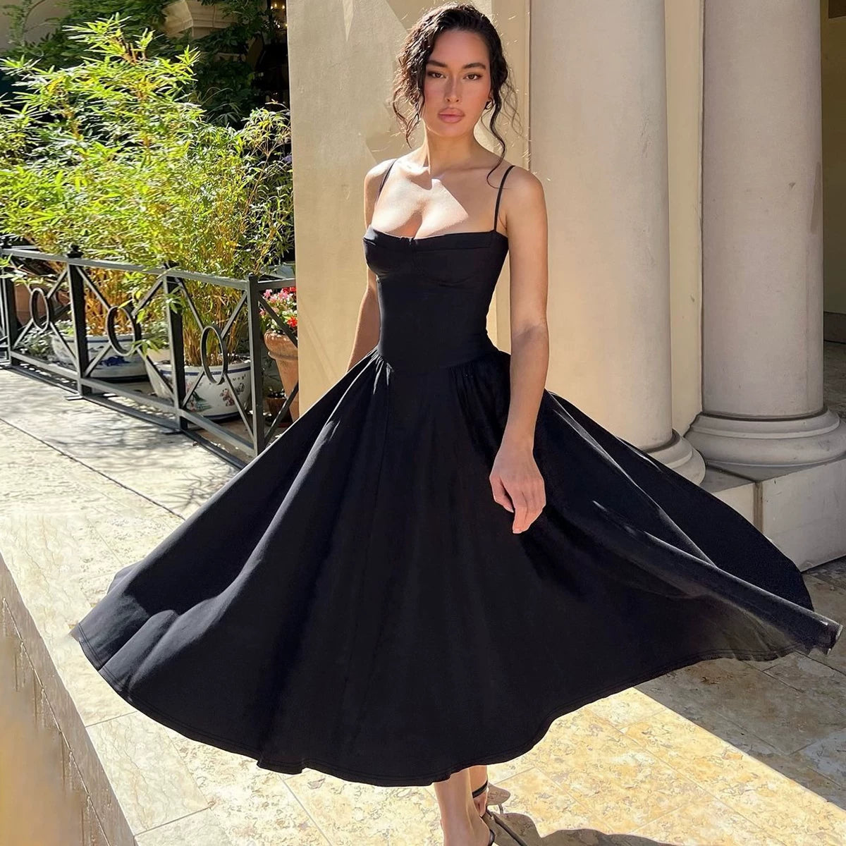 Lorbrv| European-American One-Shoulder Suspender Pleated Maxi Dress for Women
