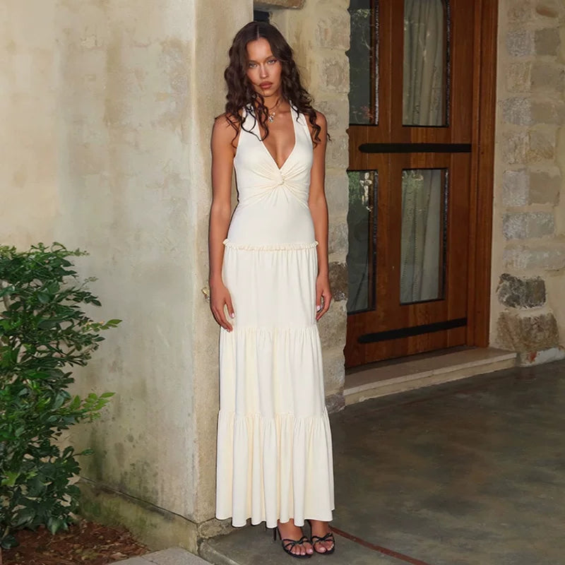 Lorbrv | Resort Style Twist Neck Backless Sleeveless Long Dress