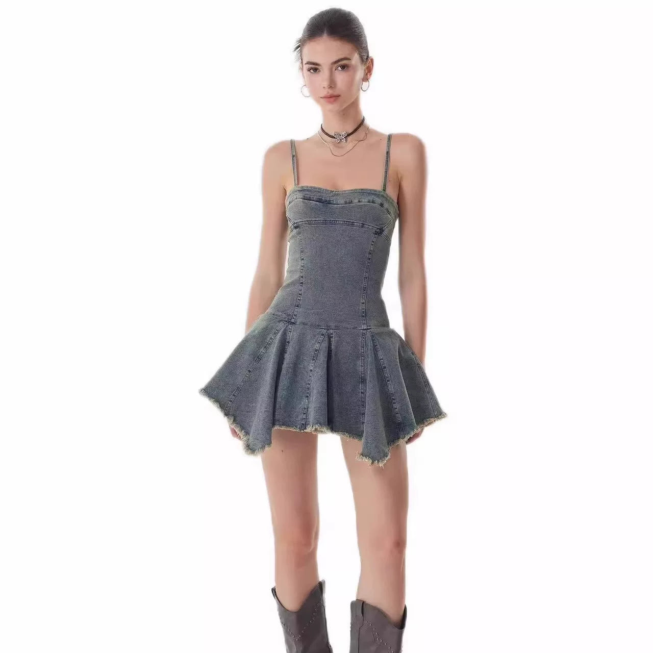 Lorbrv| American Retro Denim Suspender Mini Dress with Waist-Defining Fit