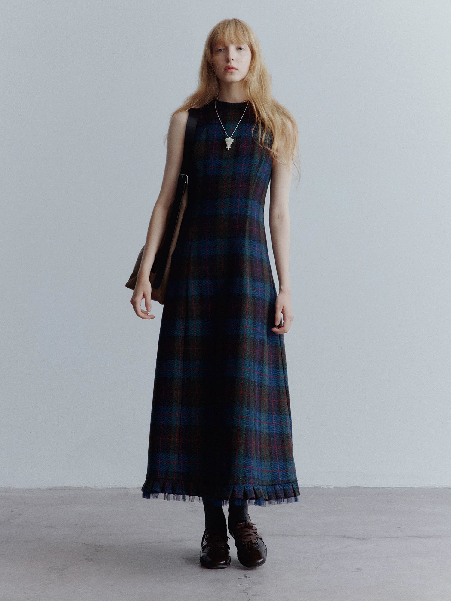 Lorbrv | Blue Plaid Wool Dress with Mesh Stitching and Skirt Layering for Women