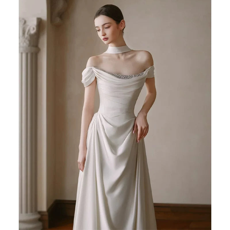Lorbrv | French One-Shoulder Light Luxury Wedding Dress with Satin Trailing Skirt