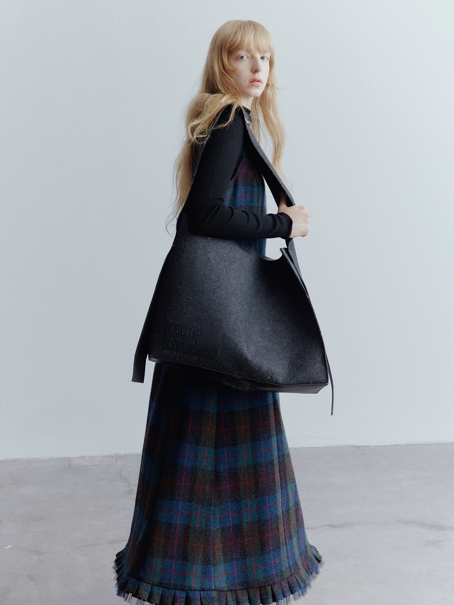 Lorbrv | Blue Plaid Wool Dress with Mesh Stitching and Skirt Layering for Women