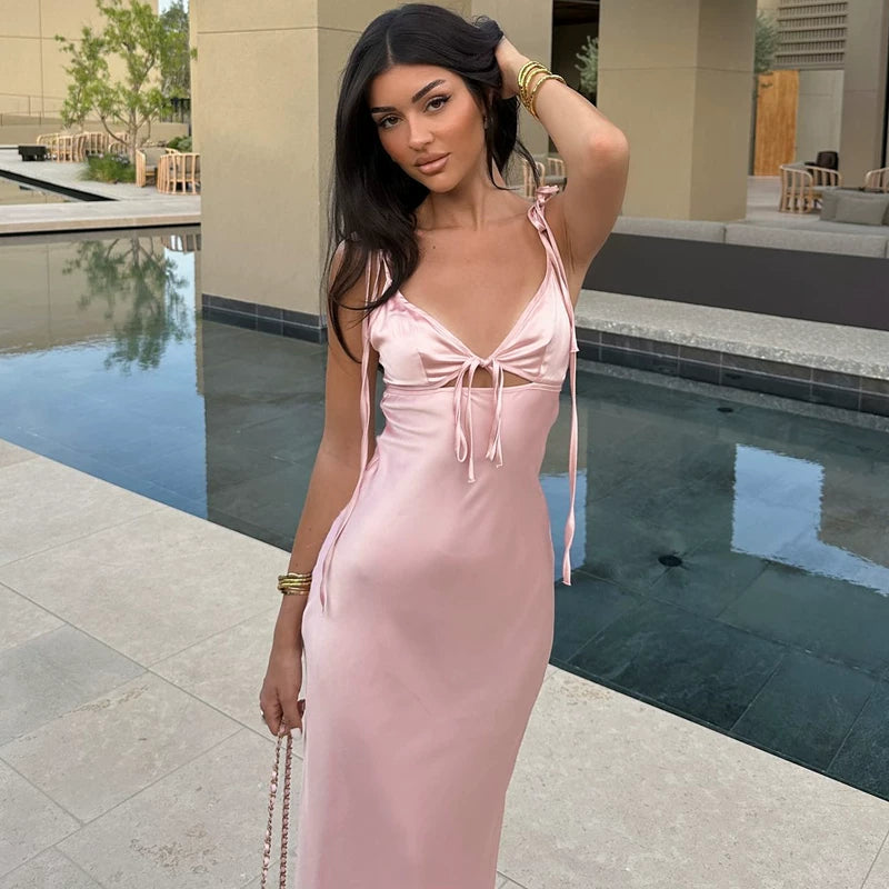 Lorbrv | French-Inspired Satin Suspender Dress with Hollow Design and Fishtail midi Skirt