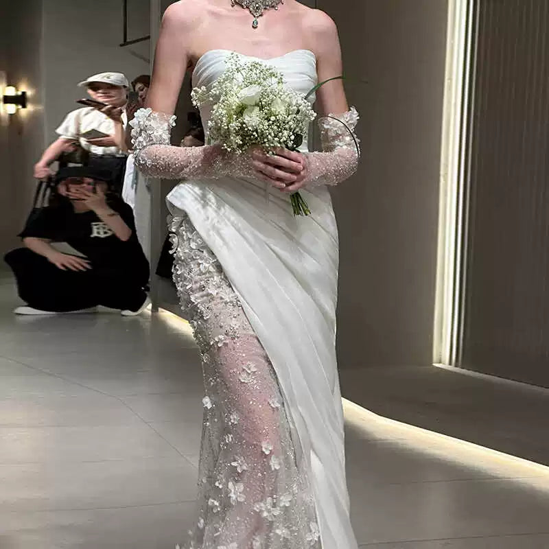 Lorbrv | White Tube Top Light Luxury Wedding Dress with Fishtail Skirt