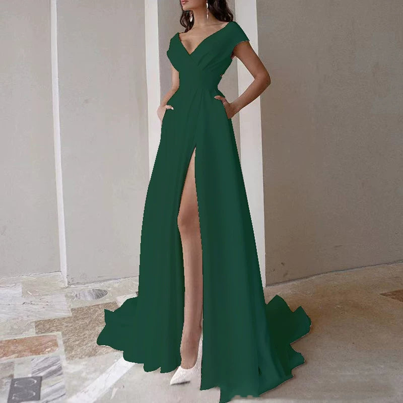 Lorbrv | Ladylike V-Neck Backless Waist-Defining Maxi Dress for Dinner Parties