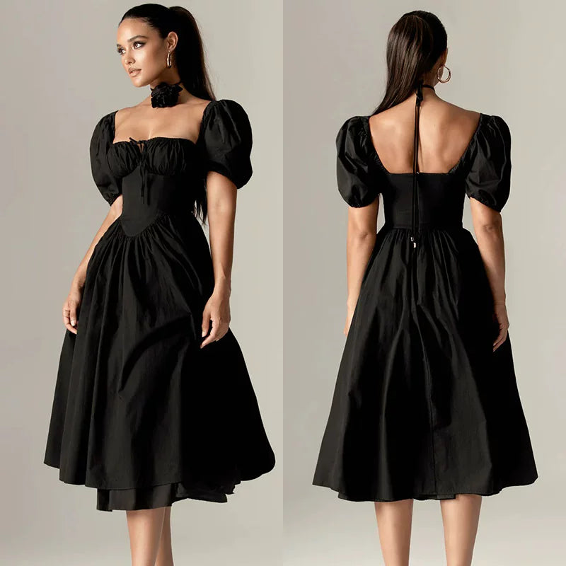 Lorbrv | French Black Square Neck Puff Sleeve Waist Midi Dress