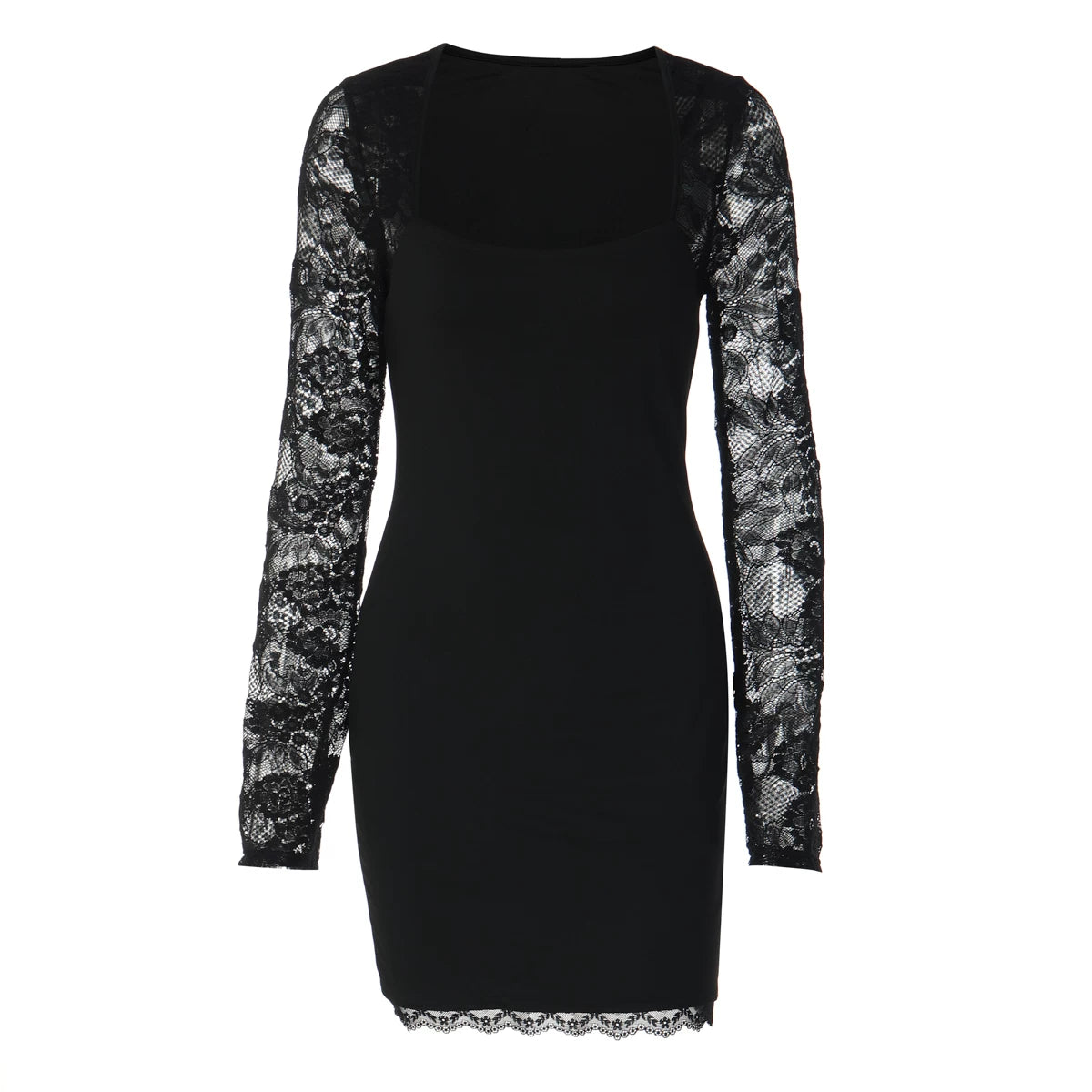 Lorbrv| Temperament Square Neck Lace Splicing Long-Sleeve Dress for Women