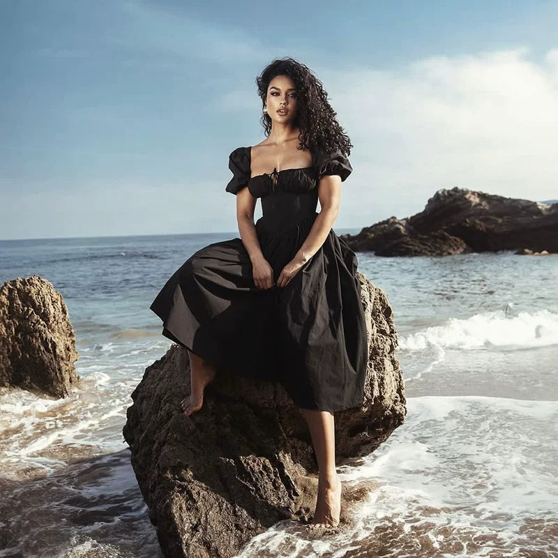 Lorbrv | French Black Square Neck Puff Sleeve Waist Midi Dress
