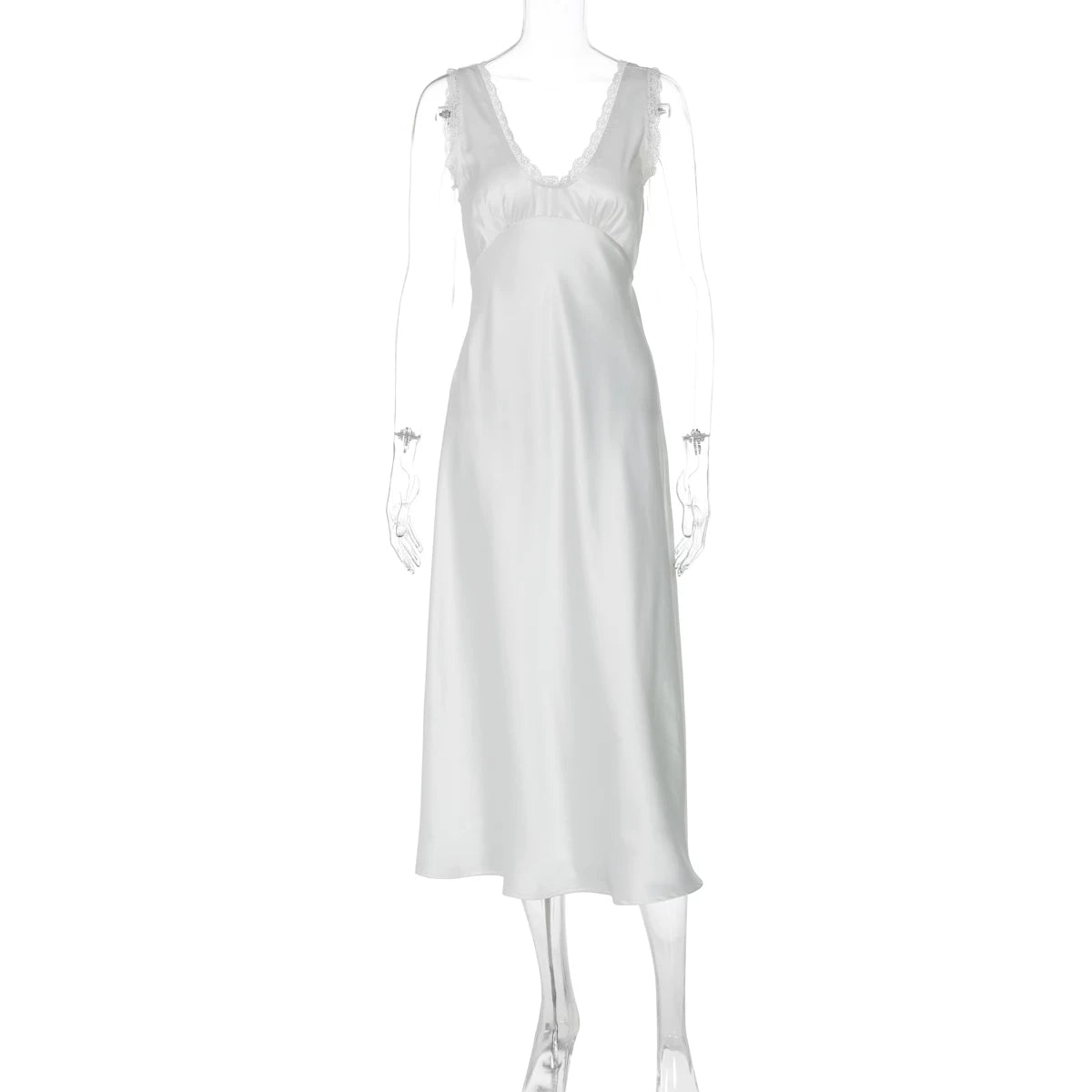 Lorbrv| French Romantic Lace & Satin Deep V-Neck Suspender Maxi Dress for Women