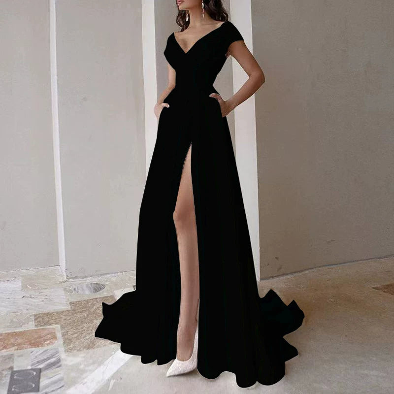 Lorbrv | Ladylike V-Neck Backless Waist-Defining Maxi Dress for Dinner Parties