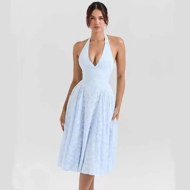 Lorbrv | French Fairy Blue Jacquard V-Neck Backless Halter Holiday Dress for Women