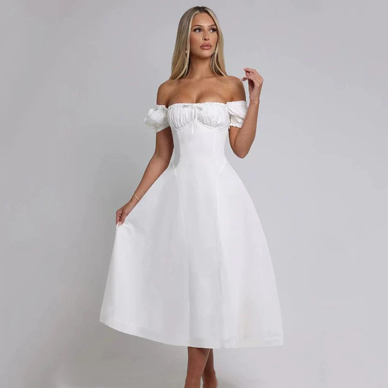 Lorbrv | French Sweet One-Shoulder Puff Sleeve Midi Dress with Bow