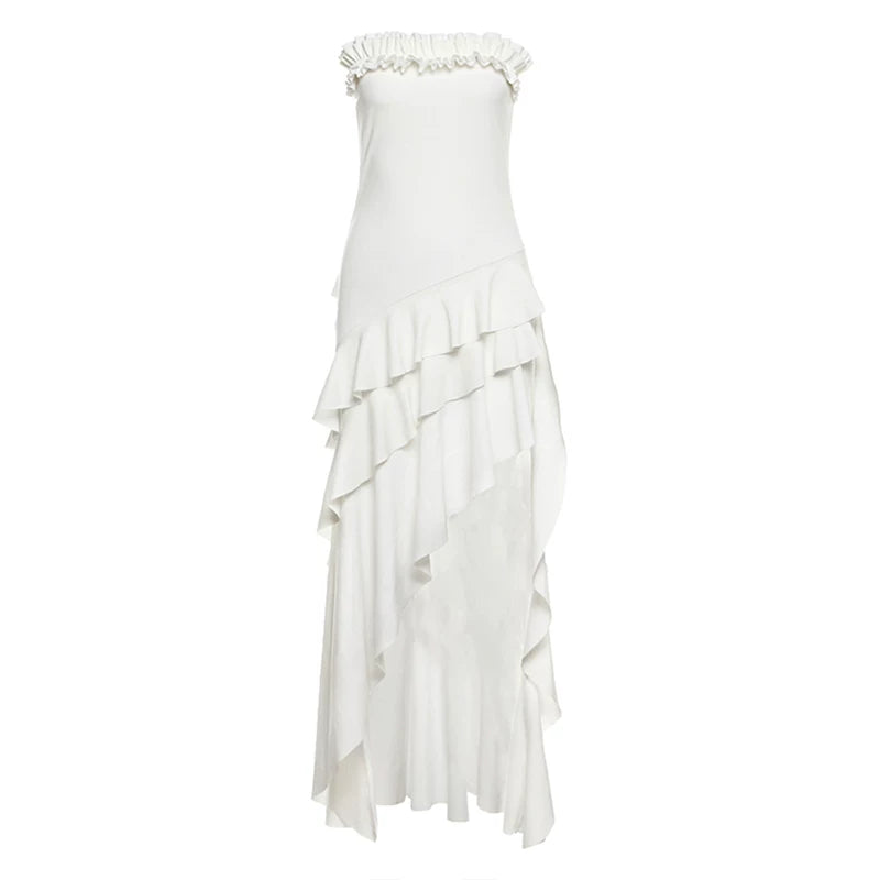 Lorbrv | Pure Desire Holiday Style Tube Top Dress with Layered Slits and Irregular Slim Skirt