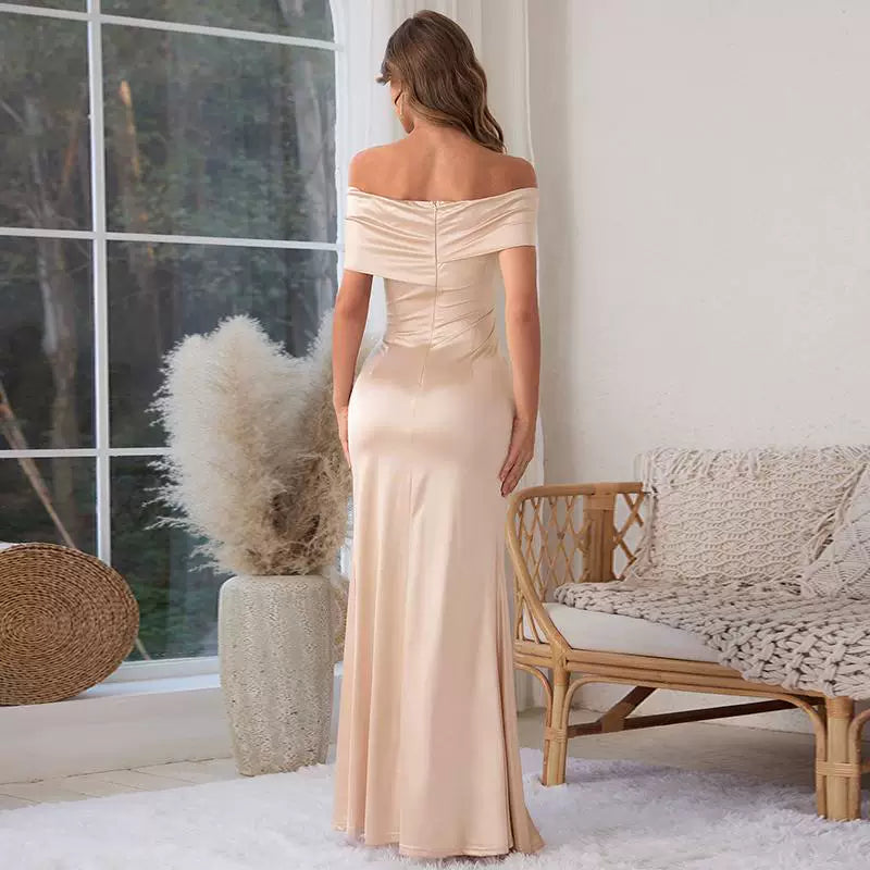 Lorbrv | European-American One-Shoulder Satin Dress with Slit and Slim Long Skirt