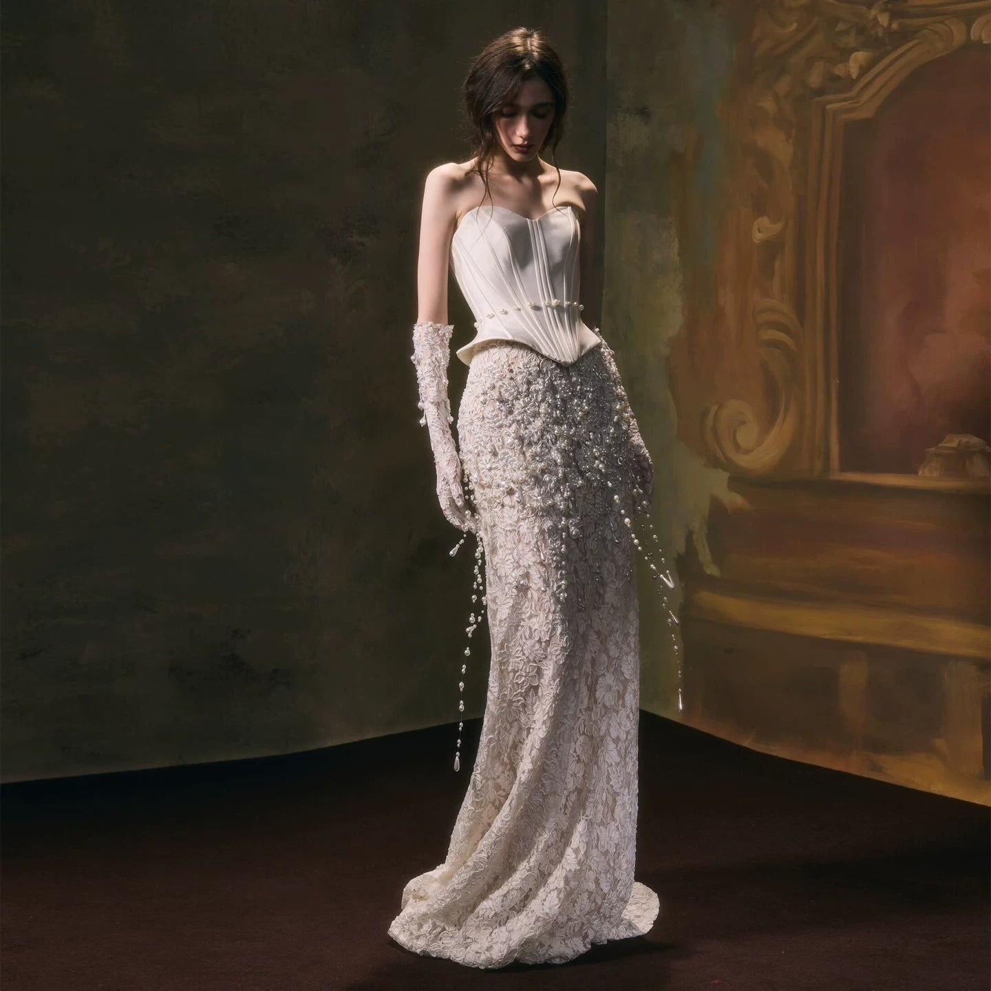 Lorbrv | French Tube Top White Pearl Lace Fishtail Wedding Dress