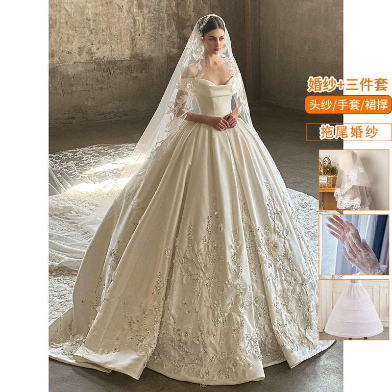 Lorbrv | One-Shoulder French High-End Satin Wedding Dress with Trailing Skirt