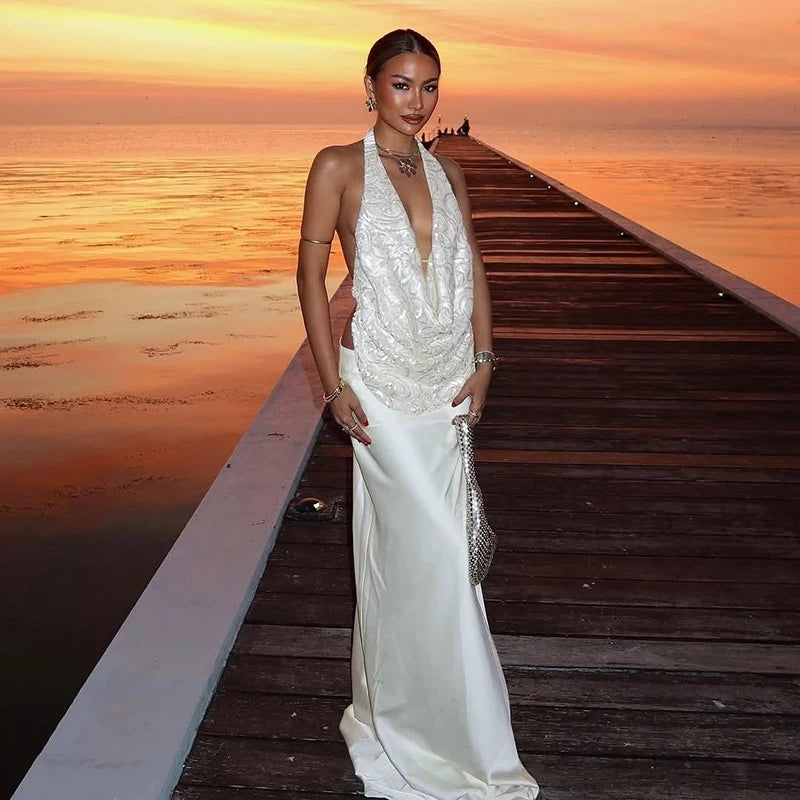 Lorbrv | Romantic Galaxy Sunset Hanging Neck Suspender Dress for Women, Versatile Dinner Style