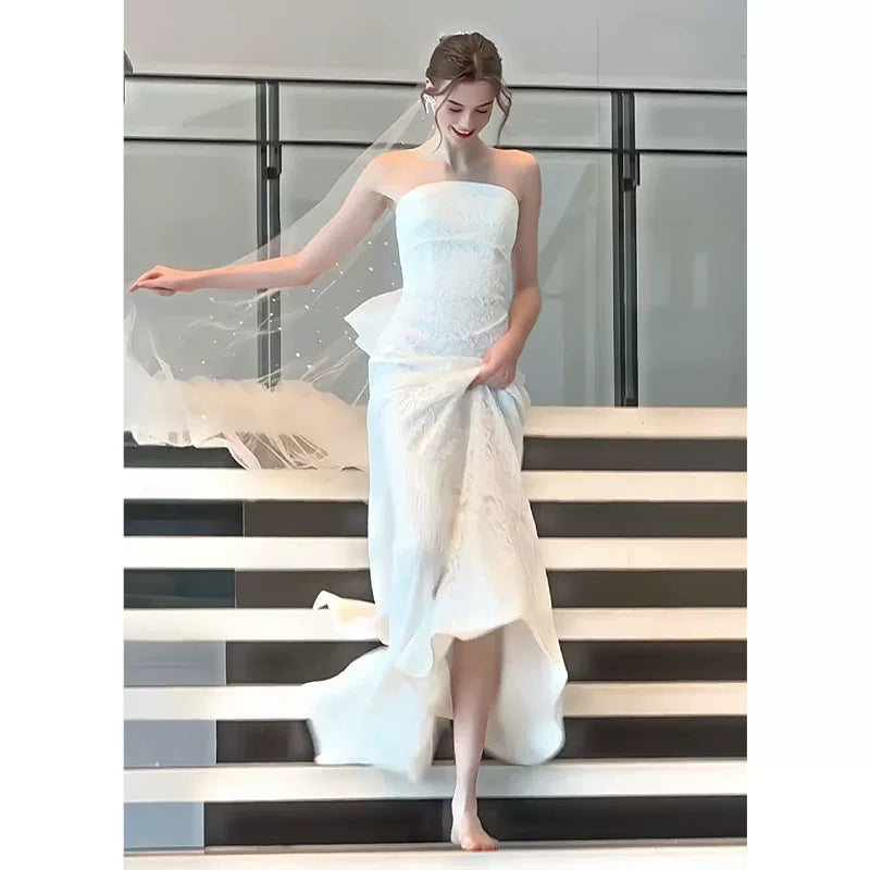 Lorbrv | French Tube Top White Lace Wedding Dress with Forest Style Elegance