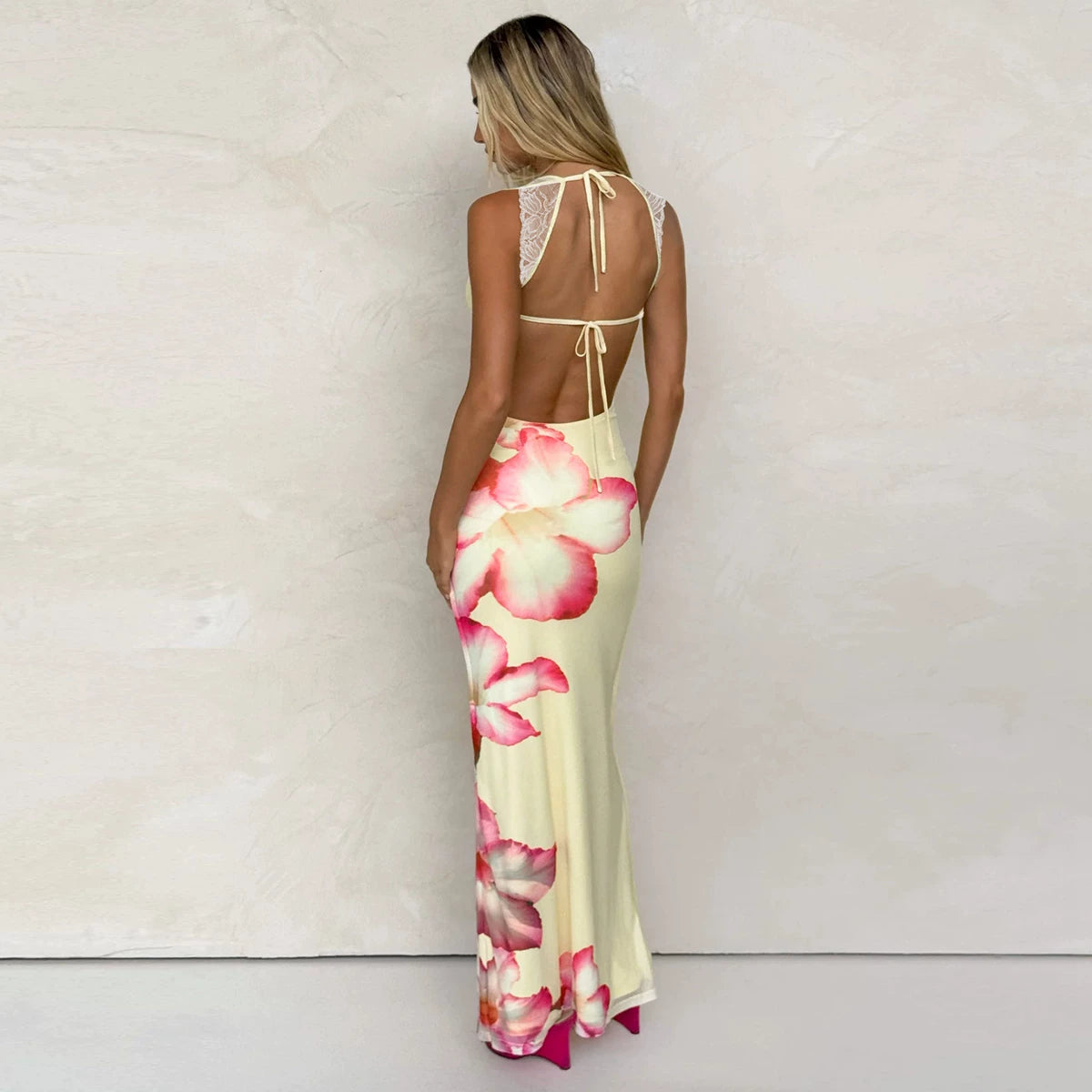 Lorbrv| European-American Double-Layer Mesh Lace Suspender Maxi Dress for Women