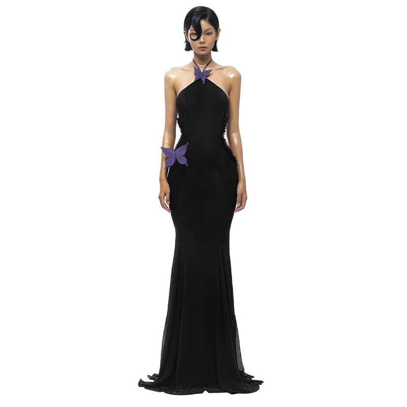 Lorbrv| French Elegant Butterfly Embellished Halter Fishtail Dress for Women